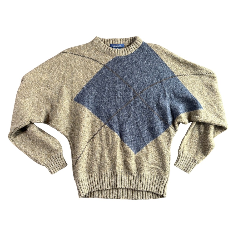 Vtg Generra Womens Argyle Wool Blend Knit Sweater Tan Blue Size M 90s‎